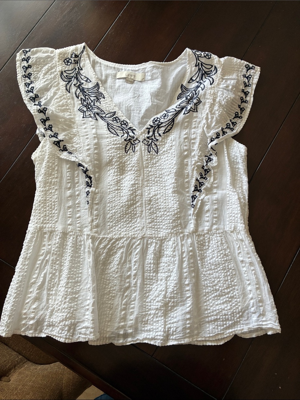 LOFT White Peplum Blouse with Navy Floral Embroidery